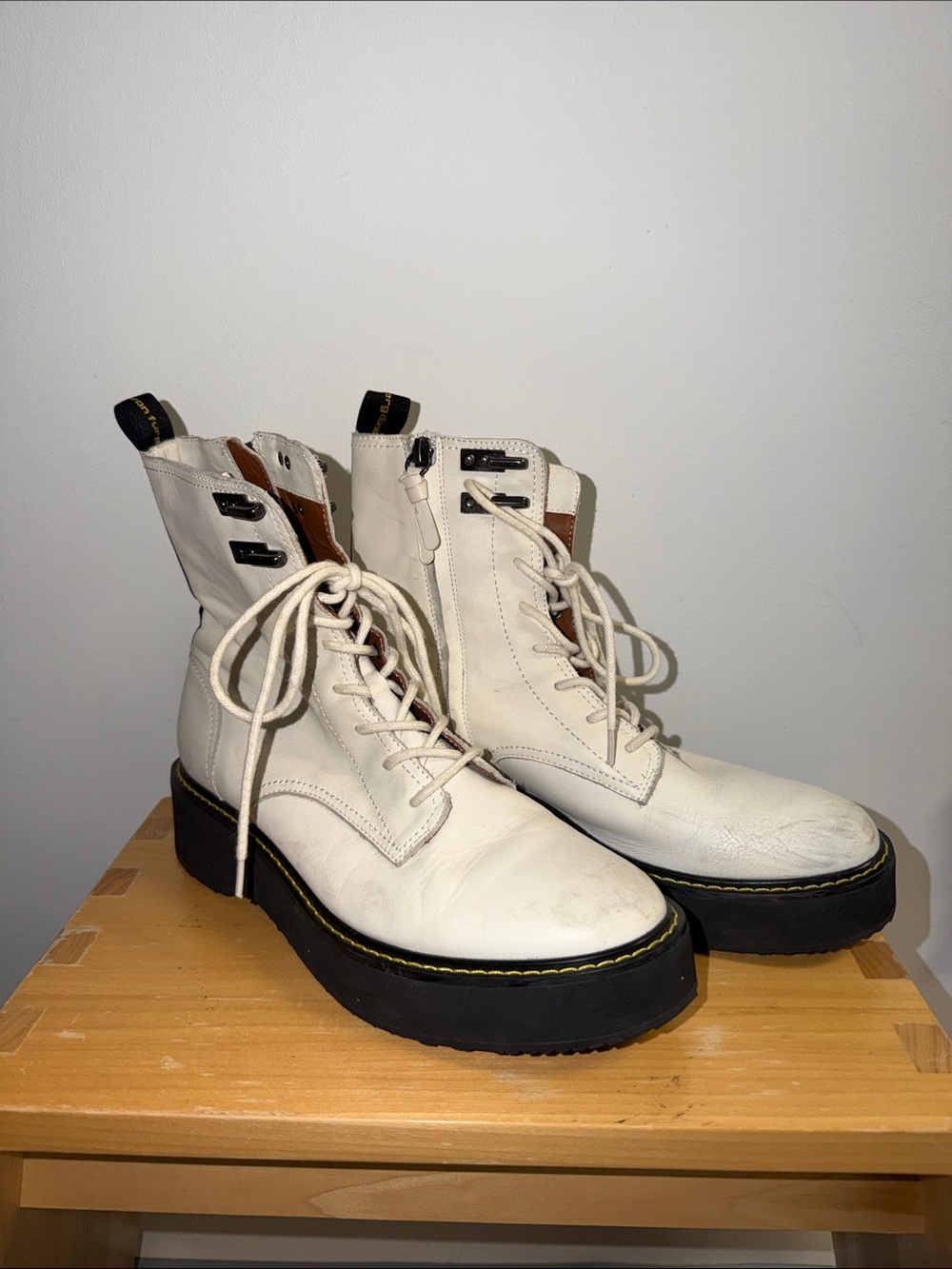 Diane Von Furstenberg Ivory Lace-Up Platform Combat Boots